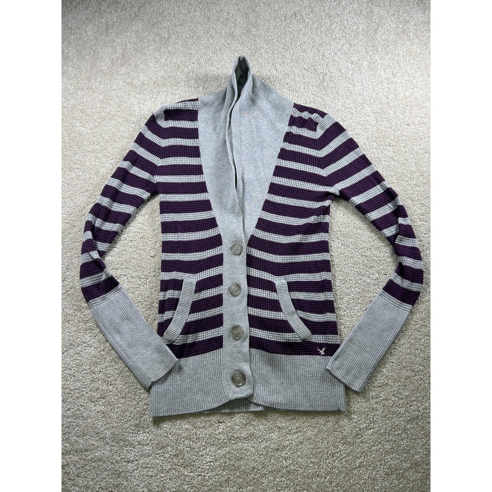 American Eagle Sweater Womens‎ M Gray Purple Striped Button Cardigan Y2K Preppy